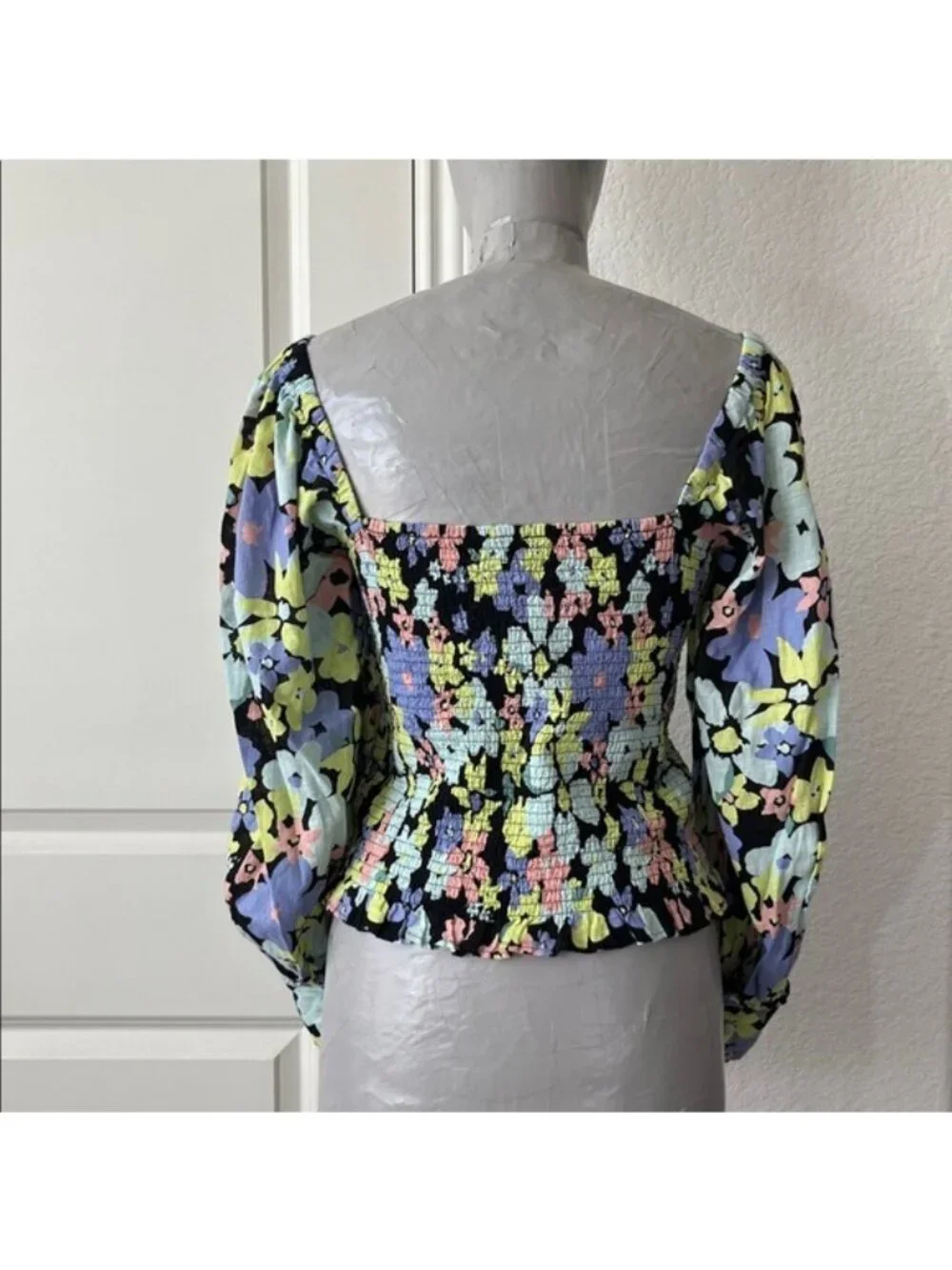 Ariana Floral Puff Sleeve Smocked Square Neck Blouse Ruched